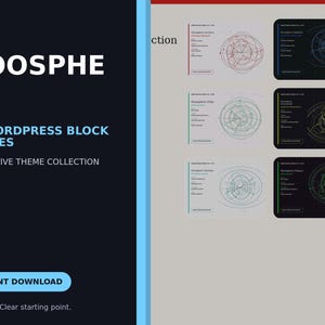 May include: A digital product display for Noosphere, a collection of 20 WordPress block themes. The graphic features bold white text on a dark background, showcasing six distinct theme variations with circular geometric line art designs.