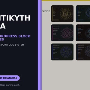 May include: A digital product display titled ANTIKYTH ERA 20 WORDPRESS BLOCK THEMES CREATIVE PORTFOLIO SYSTEM with an INSTANT DOWNLOAD button. The right side shows six dark rectangular cards featuring circular geometric line art diagrams.