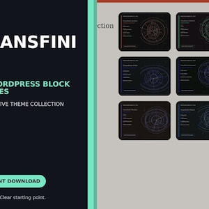 Pode incluir: Uma exibição de produto digital intitulada TRANSFINITE apresentando 20 temas de bloco WordPress em uma coleção generativa. O layout inclui seis miniaturas retangulares escuras com arte de linha geométrica circular e um botão de download.