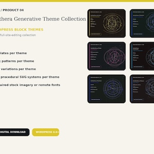 May include: The Antikythera Generative Theme Collection for WordPress 6.6+ features 20 block themes with 9 templates, 6 block patterns, 3 style variations, and 3 local procedural SVG systems per theme, presented with six dark-themed interface previews.