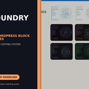 May include: A digital product display for Foundry 50 WordPress Block Themes, a full-site editing system. The dark panel features the text Foundry, 50 WordPress Block Themes, Full-Site Editing System, and Instant Download. Real files. Clear starting point.