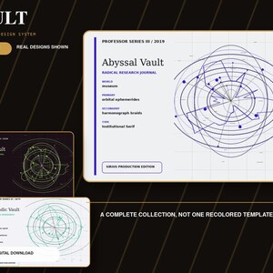 May include: A digital design system display featuring the Vault WordPress collection. The interface shows three rectangular panels with technical data, orbital ephemerides, and geometric line art. Text includes Abyssal Vault, Delta Vault, and Monadic Vault.