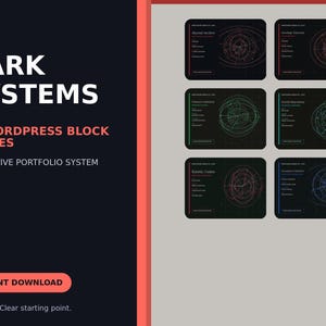 May include: A digital graphic display titled DARK SYSTEMS 60 WORDPRESS BLOCK THEMES GENERATIVE PORTFOLIO SYSTEM with an INSTANT DOWNLOAD button. The right side shows six black rectangular cards featuring circular geometric line art in various colors.