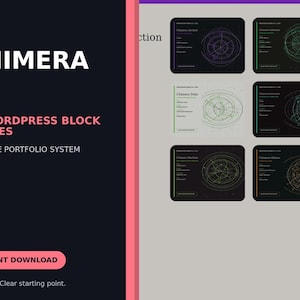 Puede incluir: Una pantalla de producto digital para CHIMERA 20 temas de bloques de WordPress, un sistema de portafolio creativo. El gráfico presenta una barra lateral oscura con texto blanco y un botón rosa etiquetado INSTANT DOWNLOAD, junto a seis vistas.
