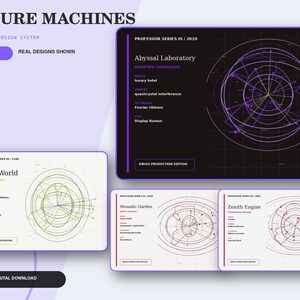 May include: A digital design system titled FUTURE MACHINES featuring four rectangular interface layouts. The layouts display technical data, circular geometric line graphics, and text labels including Abyssal Laboratory, Delta World, Monadic Garden, and Zenith Engine. The color palette consists of black, white, purple, green, and red accents on a light purple background.