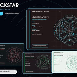 May include: A digital design system display titled BLACKSTAR featuring four rectangular panels with technical data, circular geometric line graphs, and text labels including Blackstar Archive, Foundry, Palace, and World on dark backgrounds.