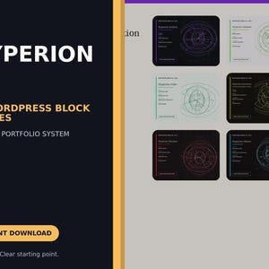 May include: A digital product display for Hyperion 20 WordPress Block Themes, a modern portfolio system. The graphic features white text on a dark background, including the words Instant Download, and six rectangular previews of website layouts.