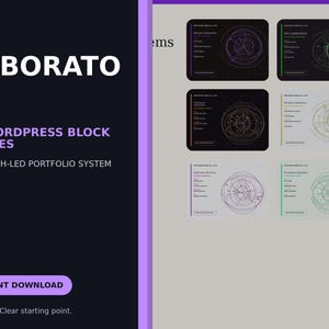 May include: A digital product display featuring the text LABORATORY 50 WORDPRESS BLOCK THEMES RESEARCH-LED PORTFOLIO SYSTEM and INSTANT DOWNLOAD. The graphic shows six rectangular interface previews with circular geometric line art designs.