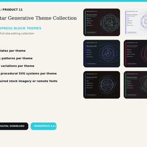 May include: A digital product display for the Blackstar Generative Theme Collection, featuring 20 WordPress block themes. The image includes text details, six thumbnail previews of abstract circular graphic designs, and a button labeled Instant Digital Download.
