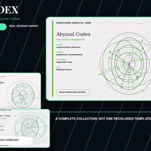 Puede incluir: Un sistema de diseño digital titulado CODEX que presenta tres tarjetas rectangulares blancas con texto verde y arte de líneas geométricas. Las tarjetas muestran títulos como Abyssal Codex, Delta Codex y Monadic Codex, con especificaciones técnicas y patrones de cuadrícula sobre un fondo oscuro.