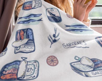 Sardine Velveteen Plush Blanket: Coastal Home Decor Throw
