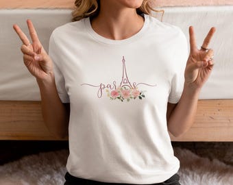 Paris Eiffel Tower Tee, Floral Travel Shirt, Women's Softstyle Cotton