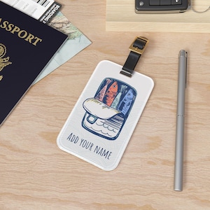 Personalized Luggage Tag Travel Accessory Gift for Travelers Vacation Sardine Tin Fish Custom Name Tag Travel Lover Gift Personalized Gift