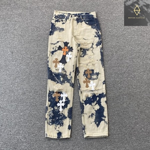 Navy Blue Grunge Jeans – Bold Cross Patch Urban Fashion