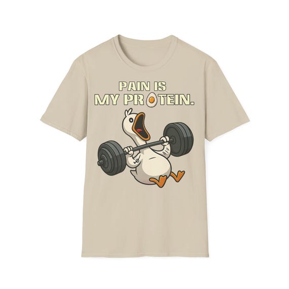 Pain Is My Protein Funny Duck T-Shirt-Gym Bench Press Tee with Egg Letter Design, Workout Humor