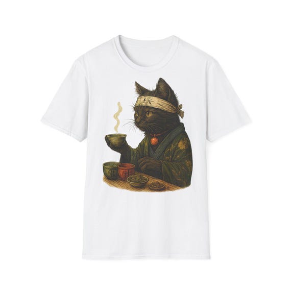 Zen Samurai Cat T-Shirt | Japanese Tea Ceremony Cat Shirt | Black Cat in Kimono Graphic Tee | Funny Relaxed Cat Gift Shirt