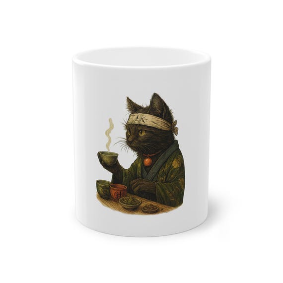 Zen Cat Mug | Japanese Tea Ceremony Black Cat Cup | Cute Cat in Kimono Coffee Mug | Relaxed Samurai Cat Gift for Tea Lovers