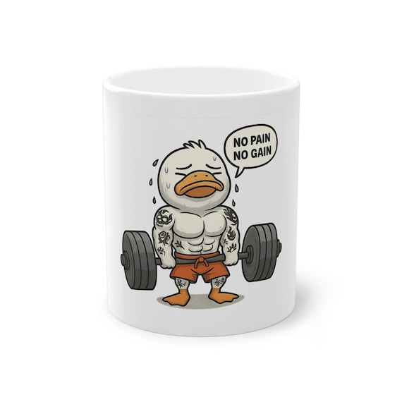 No Pain No Gain Duck Mug-Cute Buff Tattoed Duck Lifting Weights, Funny tattoed Workout Coffee Cup