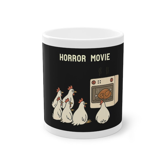 Hilarious Chicken Horror Movie Night Mug-Funny Dark Humor Coffee Cup, Unique Gift for Farm Animal Lovers