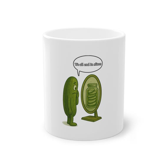 We All End in Slices,Pickle Mug | Funny Existential Cucumber Coffee Cup | Quirky Dark Humor Gift