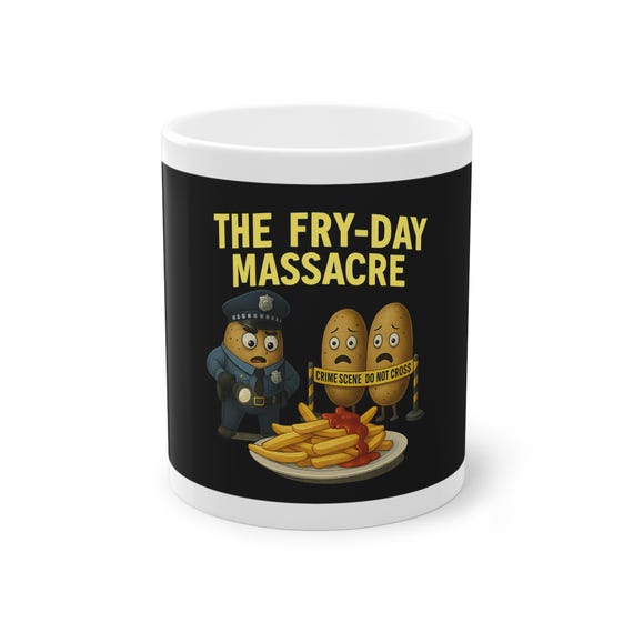 Fry-Day Massacre Funny Mug-Hilarious Potato Cop Food Pun Cup-French Fries Crime Scene