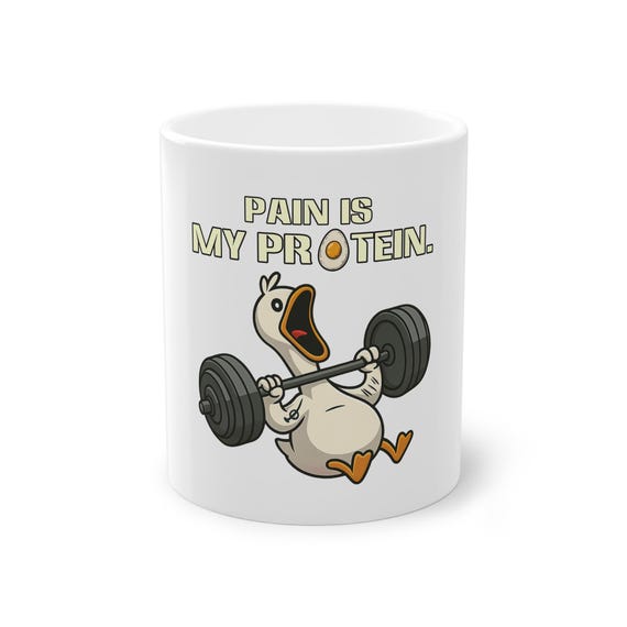 Funny Gym Mug-Pain Is My Protein Duck, Bench Press with Fried Egg Letter O, Fitness Coffee Cup