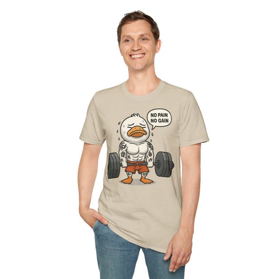 Funny Tattoed Gym Duck T-Shirt-No Pain No Gain Cute Muscular Duck, tattoed Bodybuilding Humor Tee