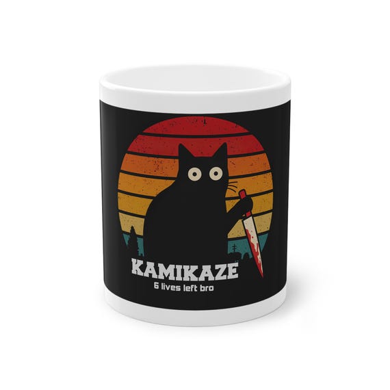 Kamikaze Crazy Cat Design Mug, 6 lives left bro cup,Funny Coffee Cup,  Halloween Decoration, Quirky Pet Lover Gift