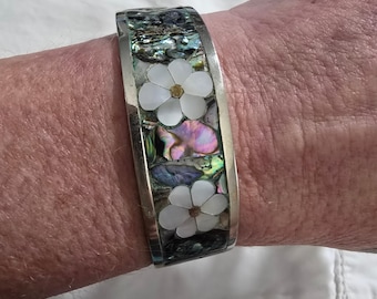 Vintage sterlingzilveren Hecho en Mexico mozaïek schelp ingelegde manchetarmband