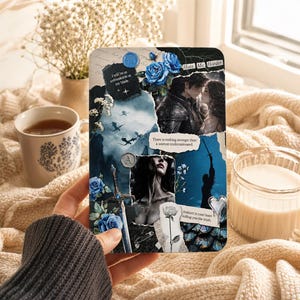 May include: A rectangular collage print featuring blue roses, a sword, silhouettes of dragons, and two figures in dark attire. Text includes "I will be as unbreakable as my blade," "Hate. Me. Harder.", "There is nothing stronger than a woman underestimated."