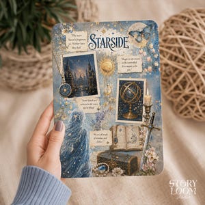 Puede incluir: Una impresión artística rectangular con un tema celestial, con la palabra "STARSIDE" y varias ilustraciones. La impresión incluye imágenes de un castillo, un globo, una espada y un cofre, todo en tonos azules y dorados. La impresión es sostenida por una persona.