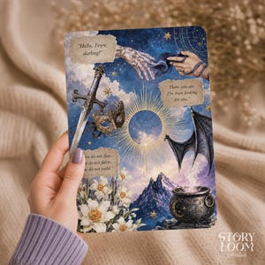 May include: An art print with a fantasy theme, showing a sword, mask, and cauldron set against a starry sky. The print includes text: "Hello, Feyre darling!" and "There you are, I've been looking for you."