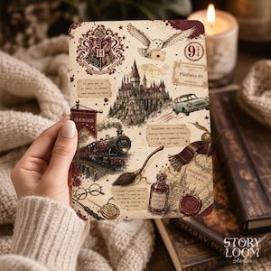 May include: A rectangular card with a Hogwarts theme, featuring illustrations of a crest, owl, train, and castle. The color scheme is burgundy, cream, and brown. Text includes "Platform 9 3/4" and "Hogwarts". The card is held by a person.