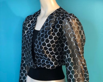BLACK SILVER DeCO iLUSION Vintage 70s 80s Faux WRAP Blouse Top M L Graphic Geometric Glitter Print