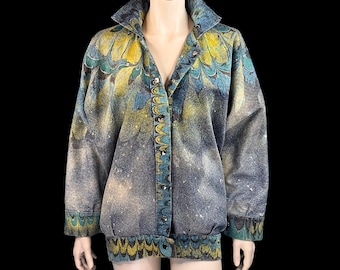 80s ACID Wash Oversized Hand Painted PEACOCK Feather Cocoon Denim Jean Jacket M L