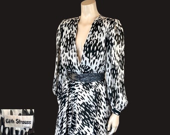 RAINDROPS Designer EDITH STRAUSS Black and White Statement Shoulder Swing Dress / Vintage 80s Deep V Full Skirt “Dynasty” Cocktail Dress
