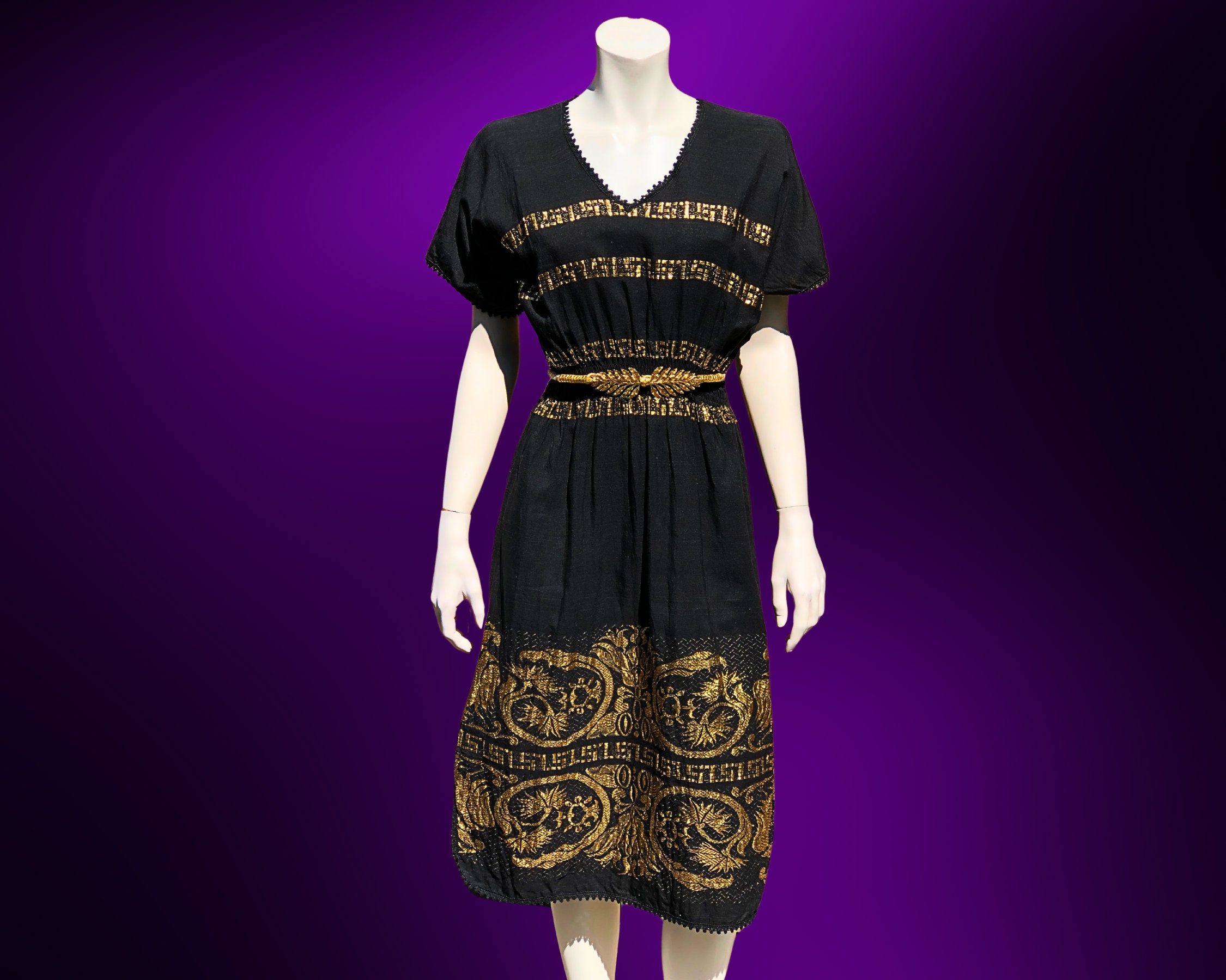 green emerald velvet dress Vintage Grecian Goddess Trim 70s Black Gold Evening Dress M –  rollwithitvintage main image 0