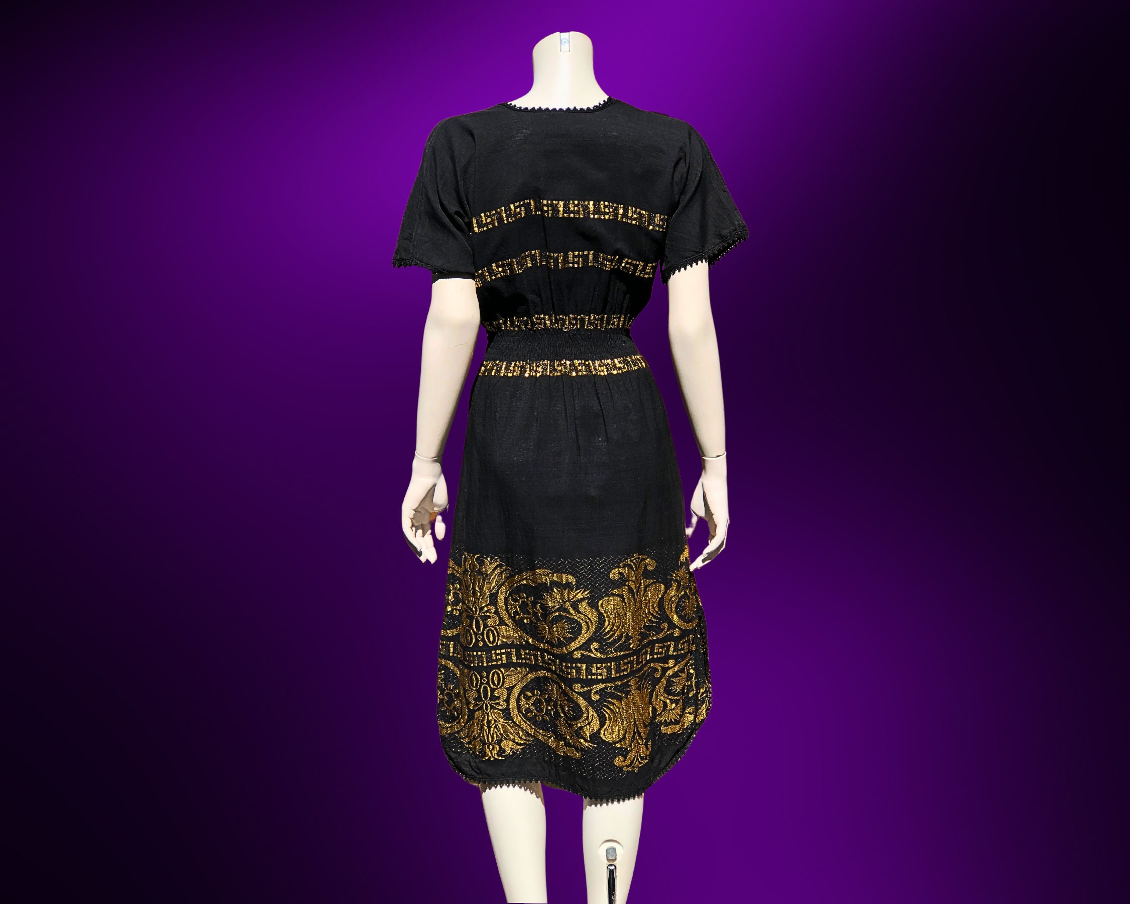Vintage Greek Goddess Black and METALLIC GOLD Cotton Short Sleeve Dress / SM Vintage Greek Goddess Black and METALLIC GOLD Cotton Short Sleeve Dress / SM