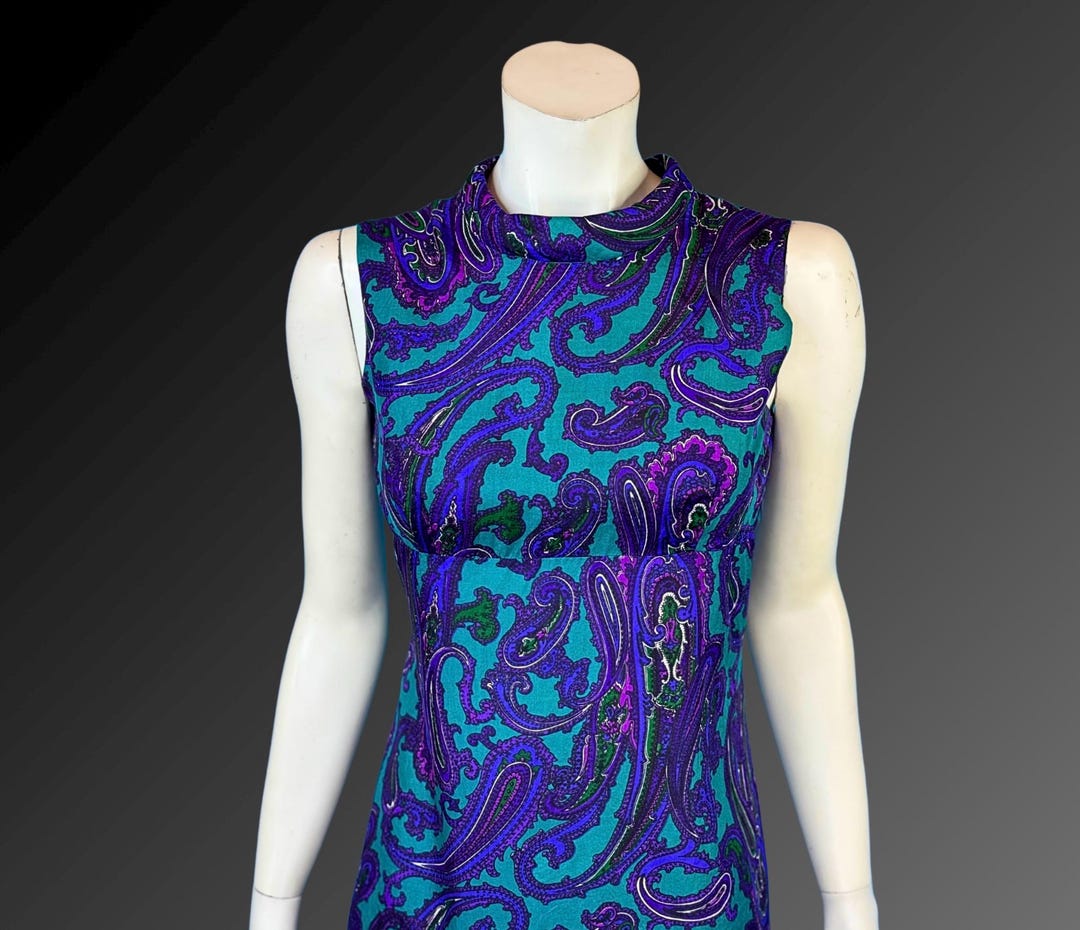 Sixties Dolly Rocker 60s SILK Paisley DOLLY ROCKERS Split Back Mini Dress With Tie Neck / Xs ...