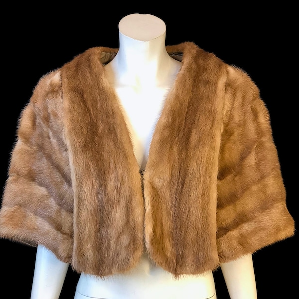 Creamy Blonde Brown MINK CAPE with Pockets / Vintage 50s 60s Mink Stole Shawl with Satin Lining / Pin Up Couture Essential / Small Medium
