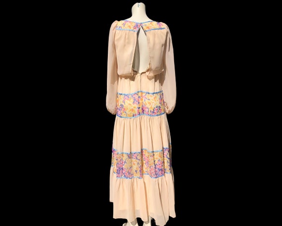 70s Peach Chiffon Peasant Maxi Dress / Yoke Bodic… - image 10