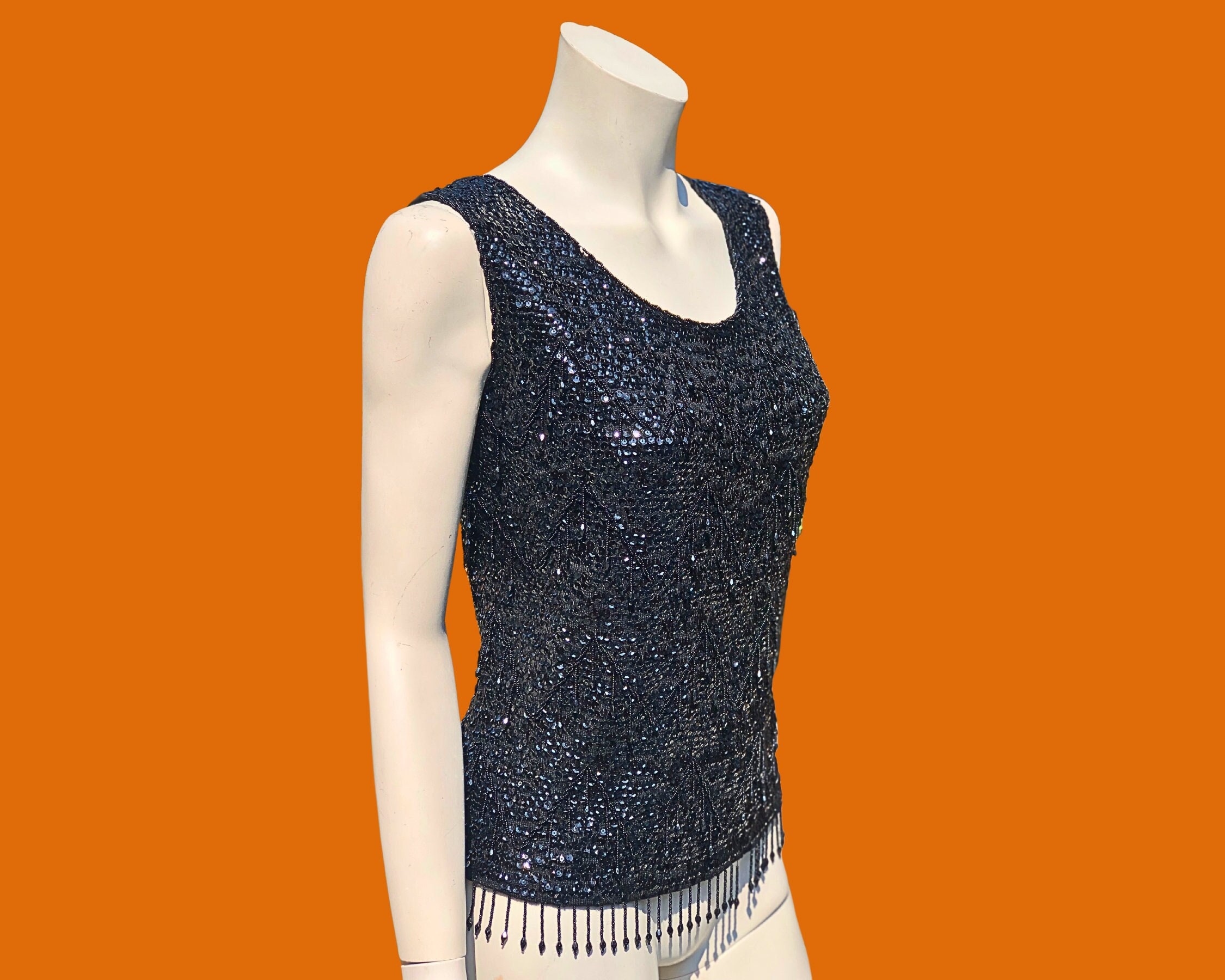 Robe Cocktail Vintage Taille 14 - Paillettes, Nœud Noir, Bleu, Style Rétro Glamour