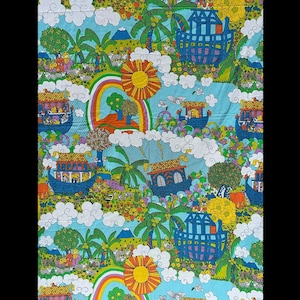 May include: A light blue fabric featuring a repeating pattern of Noah's Ark boats, rainbows, yellow suns, green palm trees, white clouds, and various animals. The colourful design includes small figures, mountains, and floral elements across the surface.
