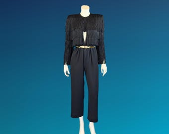 90s FRINGE Wayne Clark PLUNGE Neck Black Jumpsuit / XS S