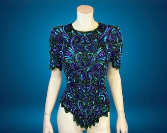 80s Laurence Kazan PEACOCK HEART Beaded Sequin SILK Tunic Top / xs s
