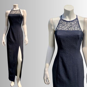 90s BEADED HALTER Formal Prom Party Dress / Illusion Open Back Grunge Slip Dress / S