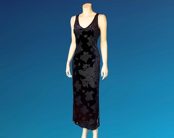 90s Deep V Romantic GOTH VELVET ROSE Print Maxi Tank Dress / S M