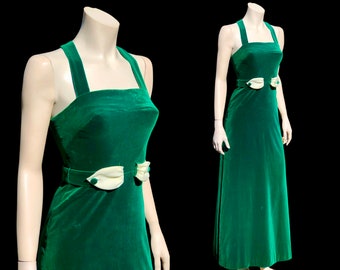 GREEN VELVET and White Satin Hourglass Formal SIREN Dress / Vintage 1960s 1950s Bombshell Full Length Wiggle Dress with White Satin Belt