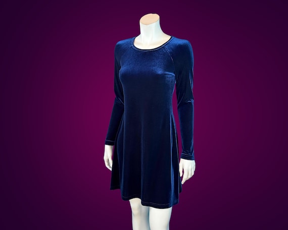 90s MIDNIGHT BLUE Stretch Velvet Babydoll SKATER Mini Dress / xs 90s MIDNIGHT BLUE Stretch Velvet Babydoll SKATER Mini Dress / xs