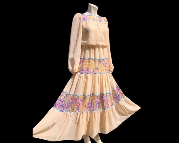 70s Peach Chiffon Peasant Maxi Dress / Yoke Bodic… - image 5